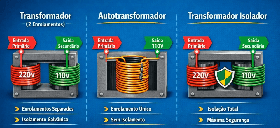 Diferenças entre transformador, autotransformador e isolador e como escolher a opção correta (220–380 V).